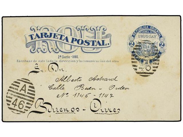 URUGUAY. 1882. MONTEVIDEO A BUENOS AIRES. Entero Postal De 2 Ctvos. Azul. - Autres & Non Classés