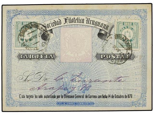 URUGUAY. 1882. MONTEVIDEO. Entero Postal De La Sociedad Filatélica Uruguaya Con Franqueo De 1 Cto. Verde (2). PRECIOSA. - Autres & Non Classés