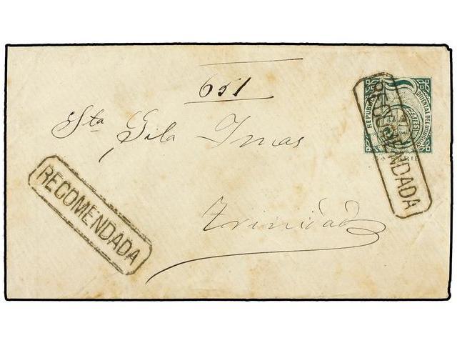 URUGUAY. 1882. Entero Postal De 5 Cts. Verde Circulado A TRINIDAD Mat. Lineal RECOMENDADA Al Dorso ´recibí´ Del Destinat - Autres & Non Classés