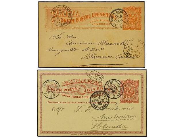 URUGUAY. 1895-97. Dos Enteros Postales De 2 Cts. Naranja Y 3 Cts. Rojo Circulados A ARGENTINA Y HOLANDA. - Autres & Non Classés