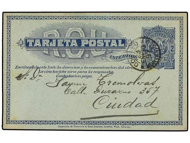 URUGUAY. 1897. MONTEVIDEO Correo Interior. Entero Postal Doble 2 + 2  Ctvos. Azul Circulado A La Ida Y A La Vuelta. RARO - Other & Unclassified