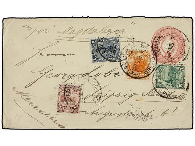 URUGUAY. 1898. 5c. Pink Stationery Envelope To LEIPZIG Endorsed ´per Magdalena´, Up-rated With 1895-99 1c., 2c., 5c. And - Autres & Non Classés
