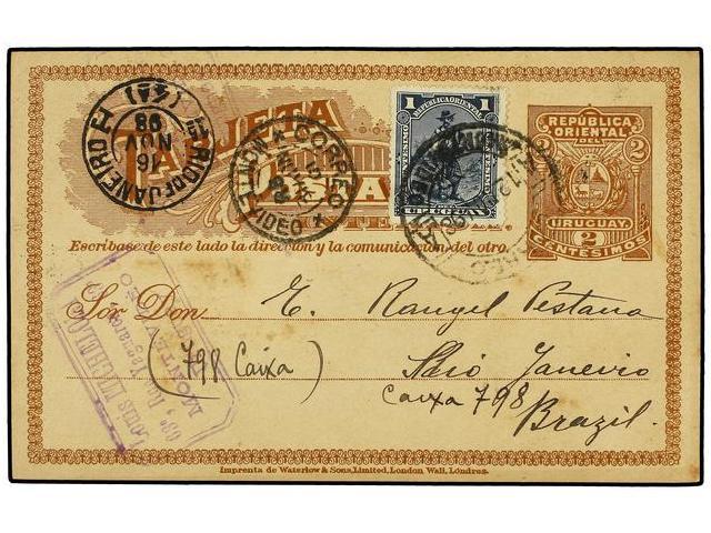 URUGUAY. 1898. MONTEVIDEO A BRASIL. Entero Postal De 2 Cts. Castaño Con Franqueo Adicional De 1 Ctvo. Azul, Llegada En A - Autres & Non Classés