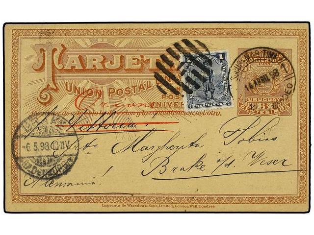 URUGUAY. 1898. MONTEVIDEO A ALEMANIA. Entero Postal De 3 Cts. Castaño Con Franqueo Adicional De 1 Cent. Azul. Al Frente - Autres & Non Classés