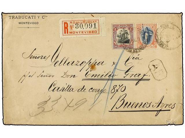 URUGUAY. Sc.119, 121. 1898. MONTEVIDEO A BUENOS AIRES. 20 Cts. Y 25 Cts. Carta Certificada, Al Dorso Llegada Y Etiquetas - Autres & Non Classés