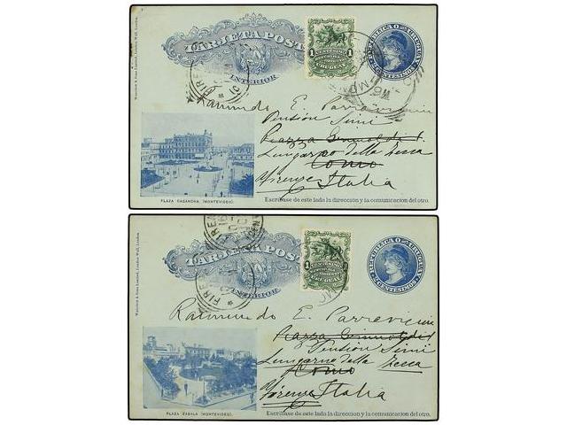 URUGUAY. 1902-1910. Cuatro Enteros Postales De 2 Cts. Azul (3) Y Rojo Con Diversas Vistas Circuladas A ITALIA, GRAN BRET - Autres & Non Classés