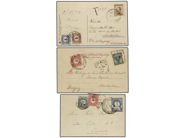 URUGUAY. 1903-22. Entero Postal Interior Y 2 Tarjetas Procedentes De Italia Tasadas A La Llegada Con Sellos De Uruguay D - Autres & Non Classés