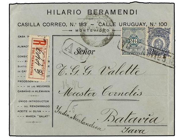 URUGUAY. 1907. MONTEVIDEO A BATAVIA (Indias Holandesas). 5 Cts. Azul Y 20 Cts. Verde Carta Certificada. Rara Destinacion - Autres & Non Classés