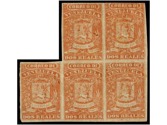 * VENEZUELA. Sc.3 (5). 1859. 2 Reales Rojo. Bloque Irregular De Cinco. Leves Pliegues Habituales De La Goma Original. - Otros & Sin Clasificación