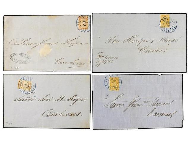 VENEZUELA. 1860-62. 4 Cuartos Circulados Con Sello De 1/2 Real De LA GUAIRA A CARACAS. - Autres & Non Classés