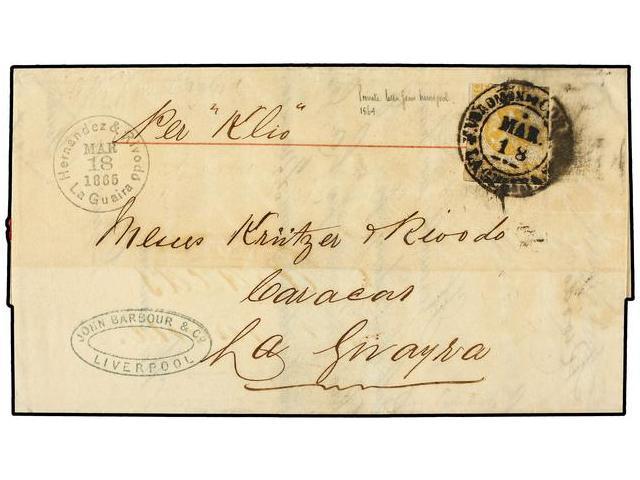 VENEZUELA. 1864. Incoming Stampless Entire Letter From LIVERPOOL (26 Dec) With Sender´s Cachet Endorsed ´per Kilo´ Addre - Autres & Non Classés