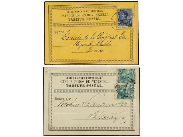 VENEZUELA. 1885-86. Dos Tarjetas Postales Oficiales Con Fanqueo De 5 Ctvos. Azul Y 5 Ctvos. Verde (2) Circulados En El I - Other & Unclassified