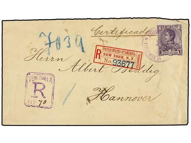 VENEZUELA. Sc.78. 1892. PUERTO CABELLO A ALEMANIA. 1 Bolívar Lila (defecto En Una Esquina Producida Por Una Mala Abertur - Autres & Non Classés