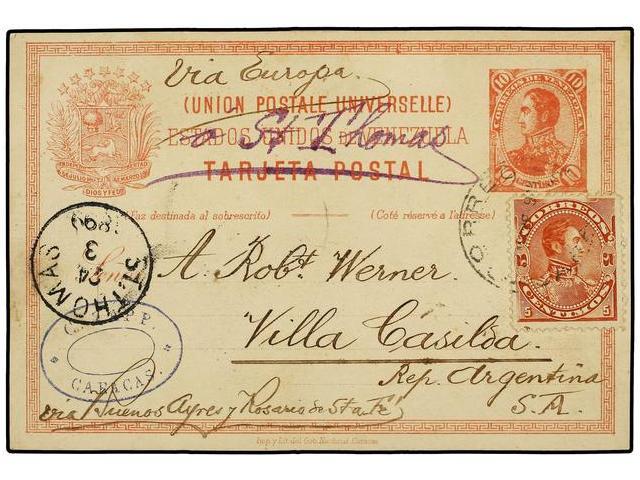 VENEZUELA. 1899. CARACAS A ARGENTINA. Entero Postal De 10 Cts. Rojo Con Franqueo Adicional De 5 Cts. Castaño Amarillo, T - Autres & Non Classés