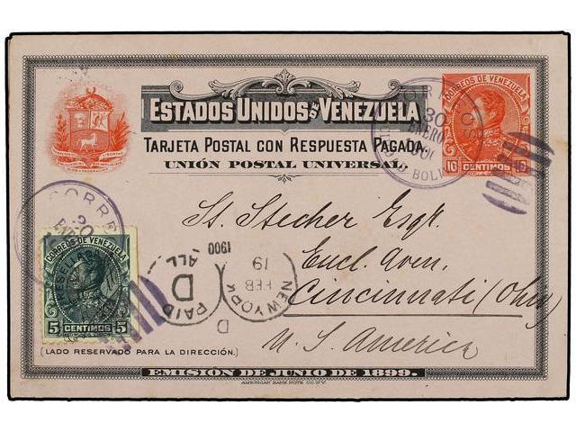 VENEZUELA. 1900. CIUDAD BOLIVAR A USA. Entero Postal Doble 10 + 10 Ctvos. Rojo Y Negro Con Franqueo Adicional De 5 Cts. - Autres & Non Classés