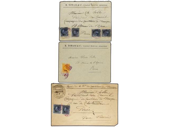 VENEZUELA. 1901. TRES Cartas De CIUDAD BOLÍVAR A FRANCIA Con Franqueos De 25 Cts. Azul (2), 25 Cts. Azul (4) Y 50 Cts. A - Autres & Non Classés