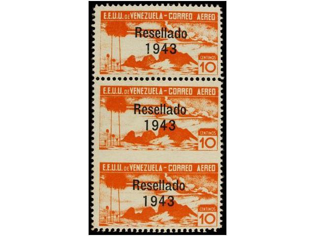 ** VENEZUELA. Ed.382. 1943. RESELLADO. 10 Cts. Naranja PAREJA VERTICAL SIN DENTAR EN MEDIO. MUY RARA (Sanabria 340a). - Autres & Non Classés