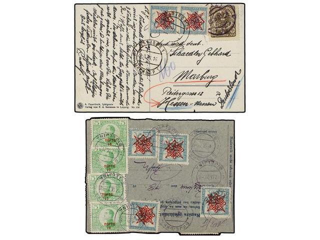 YUGOSLAVIA. 1916-21. Conjunto De 3 Recibos De Paquetes Postales Y Una Tarjeta, Tasados A La Llegada Con Sellos De Yugosl - Autres & Non Classés