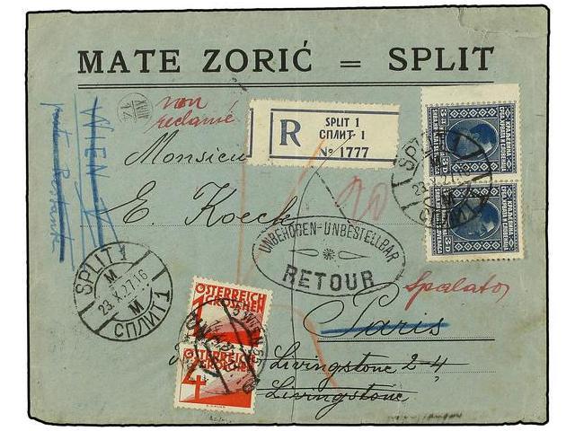 YUGOSLAVIA. 1927. SPLIT To PARIS. 3 D. Blue (2), Redirected To PARIS And WIEN. Taxed On Arrival With Austrian 1 Gr. And - Autres & Non Classés