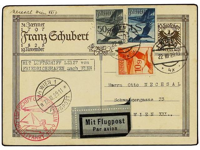 ZEPPELIN. 1929 (22 Marzo). AUSTRIA. VIENA A VIENA. Entero Postal De 10 Gr. Con Franqueo Adicional De 10 G., 50 Gr. Y 1 S - Autres & Non Classés