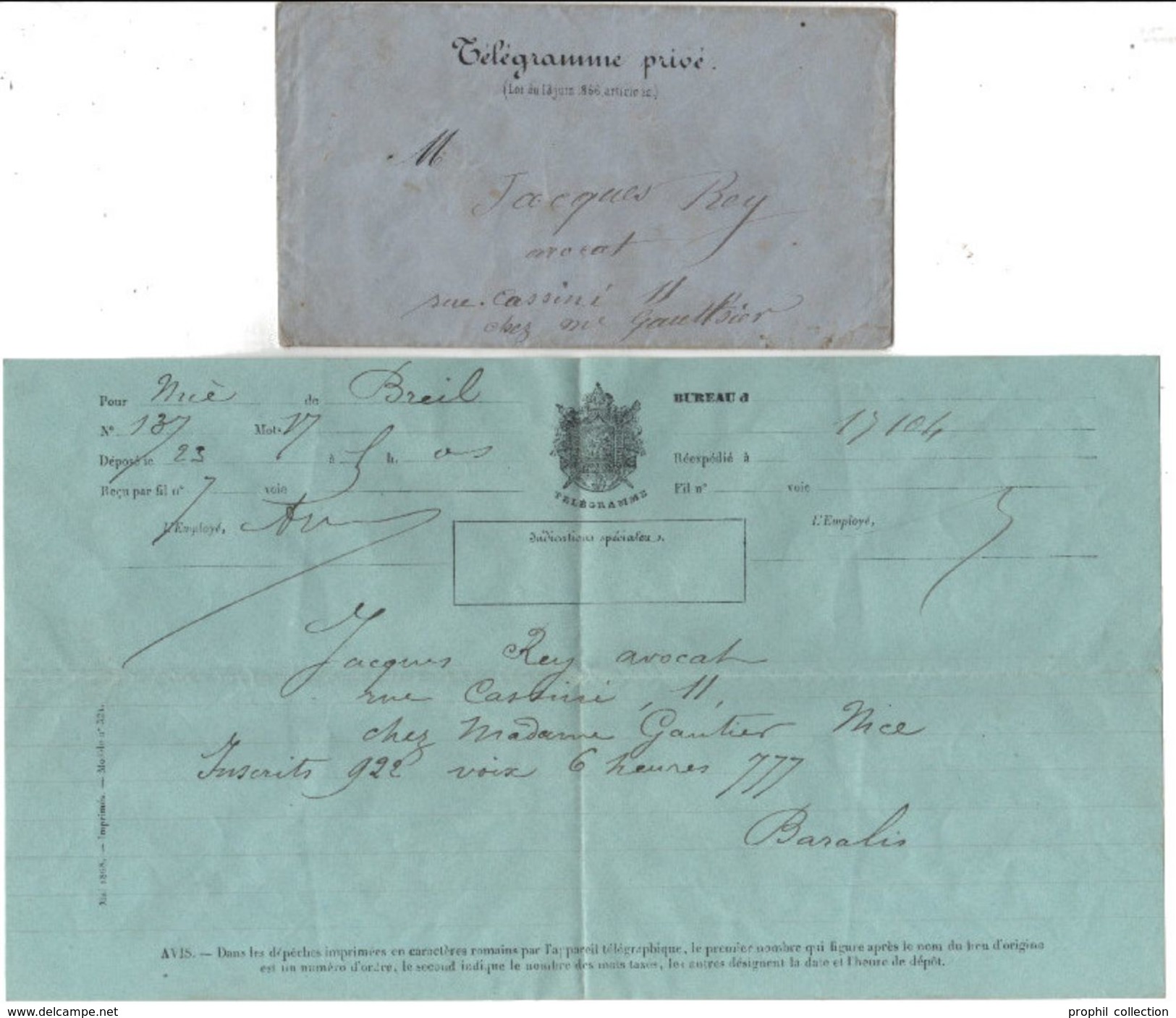 1866 - TELEGRAMME PRIVE Dans ENVELOPPE De BREY Pour NICE (Alpes Maritimes) Adressé à Un Avocat - 1849-1876: Période Classique