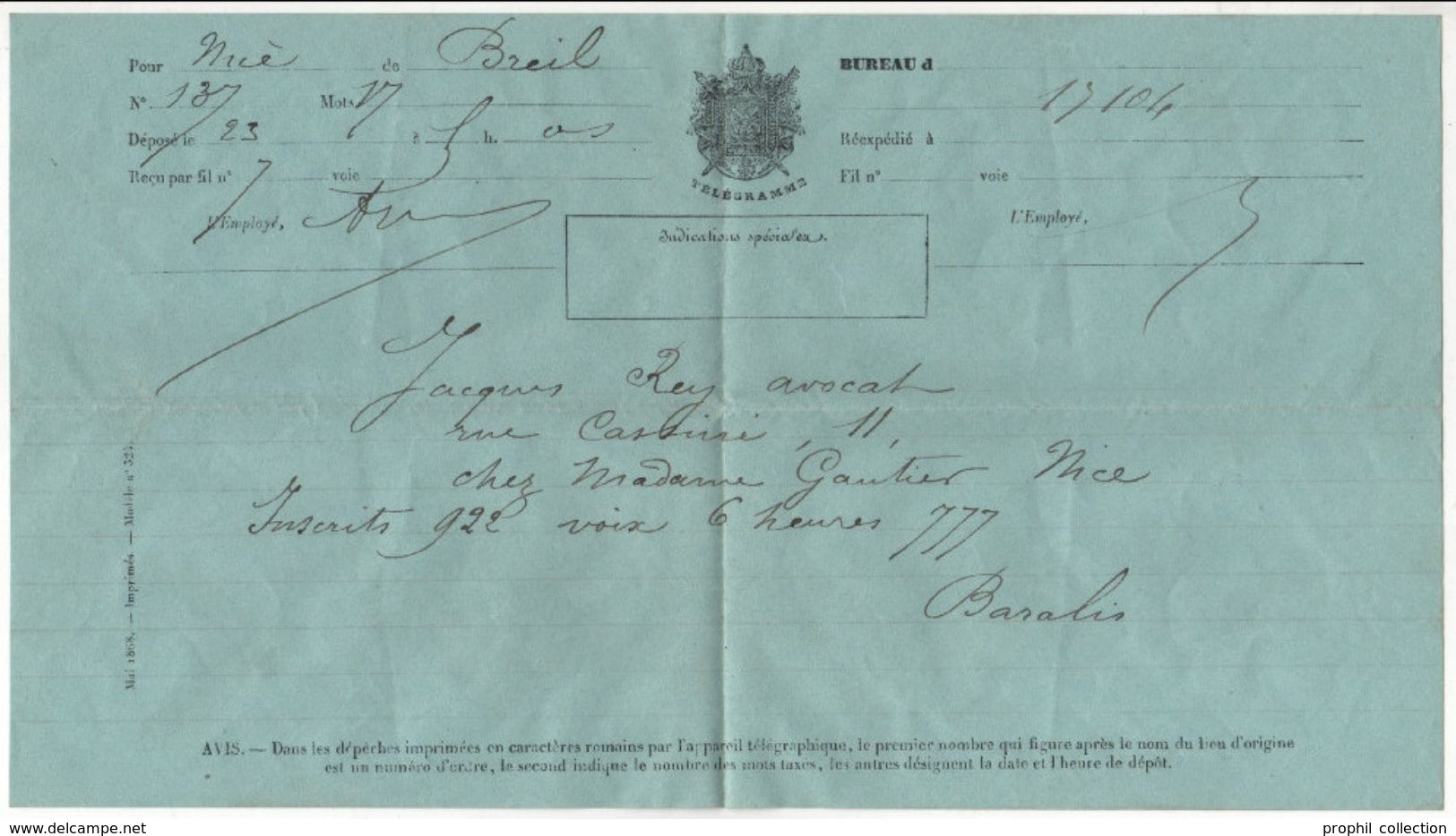 1866 - TELEGRAMME PRIVE Dans ENVELOPPE De BREY Pour NICE (Alpes Maritimes) Adressé à Un Avocat - 1849-1876: Période Classique