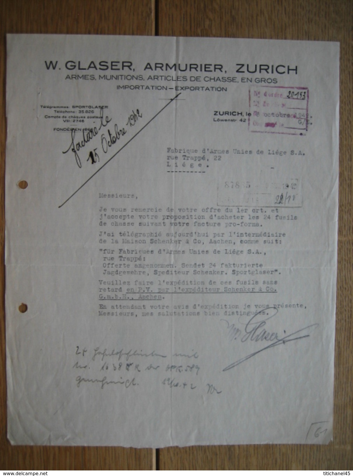 ZURICH 1942 - W. GLASER - Armurier - Armes, Munitions, Articles De Chasse - Suisse