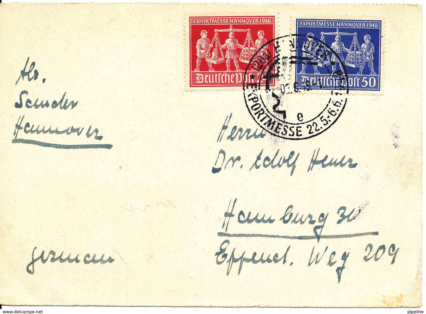 Germany Card Hannover Messe 22-5 - 6-6-1949 With Complete Set Sent To Hamburg - Autres & Non Classés