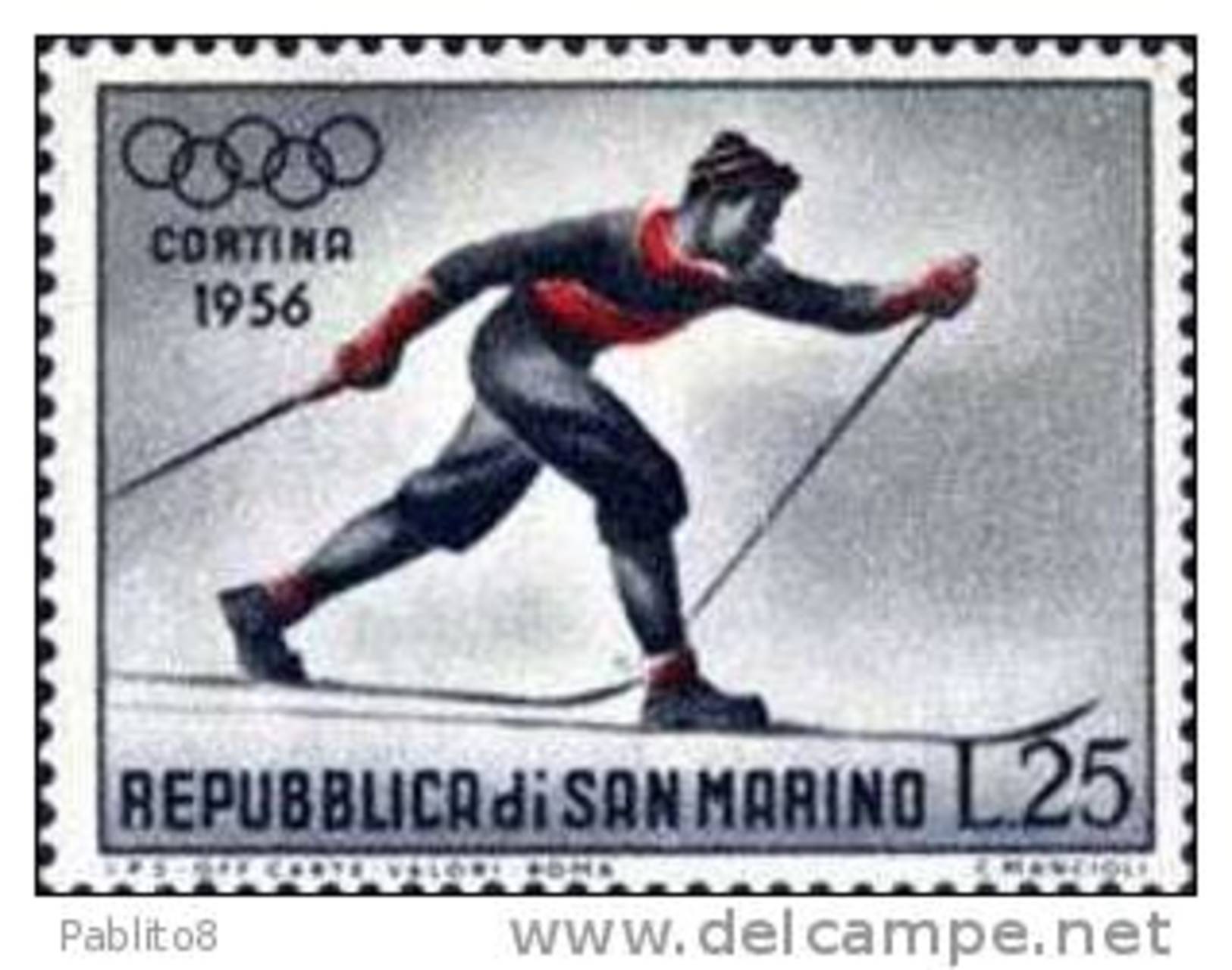 REPUBBLICA DI SAN MARINO 1955 GIOCHI OLIMPICI INVERNALI WINTER OLYMPIC GAMES CORTINA LIRE 25 USATO USED OBLITERE' - Usati