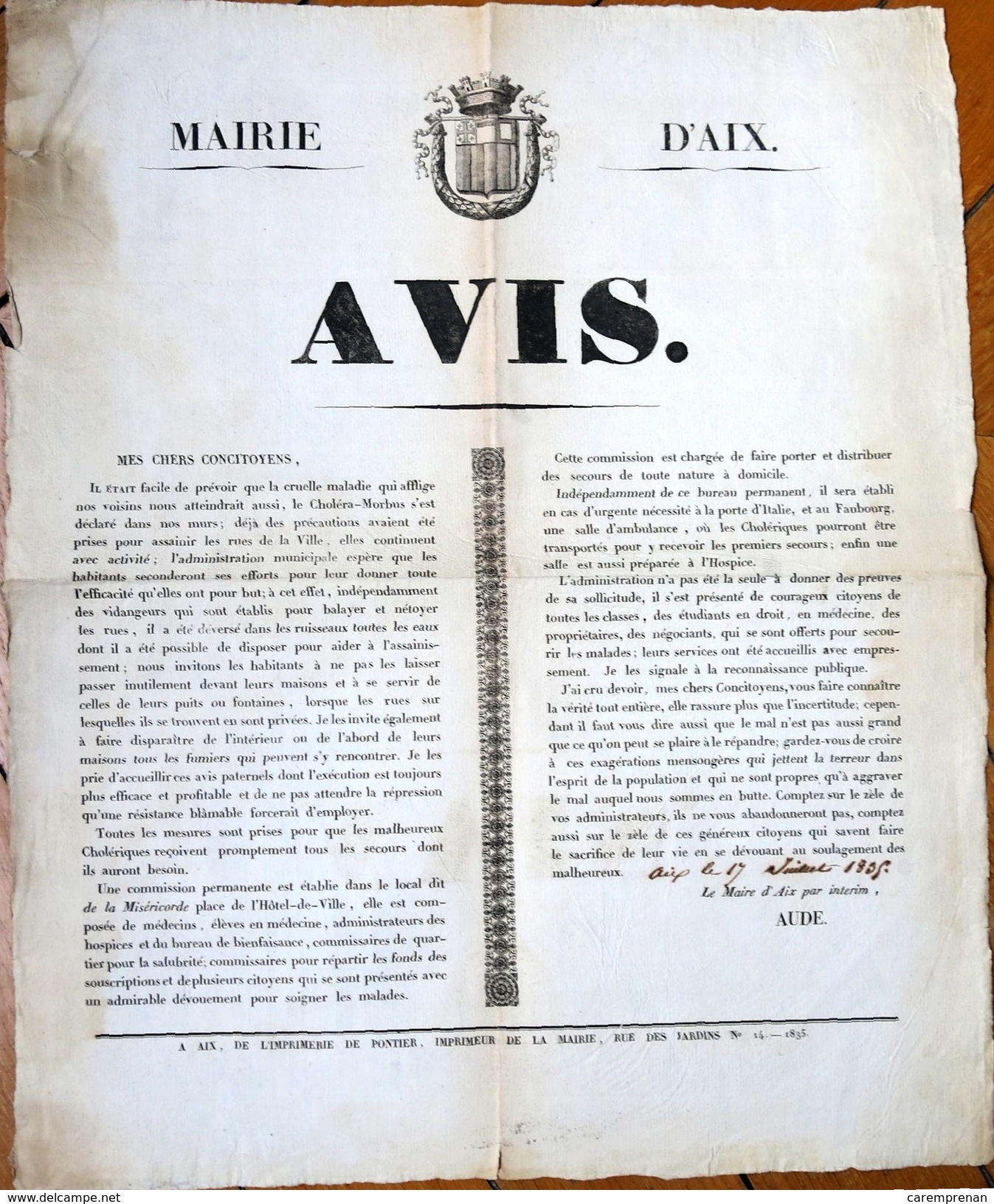 Epidémie De Choléra. Affiche De La Mairie D'Aix. 1835 - Historische Documenten