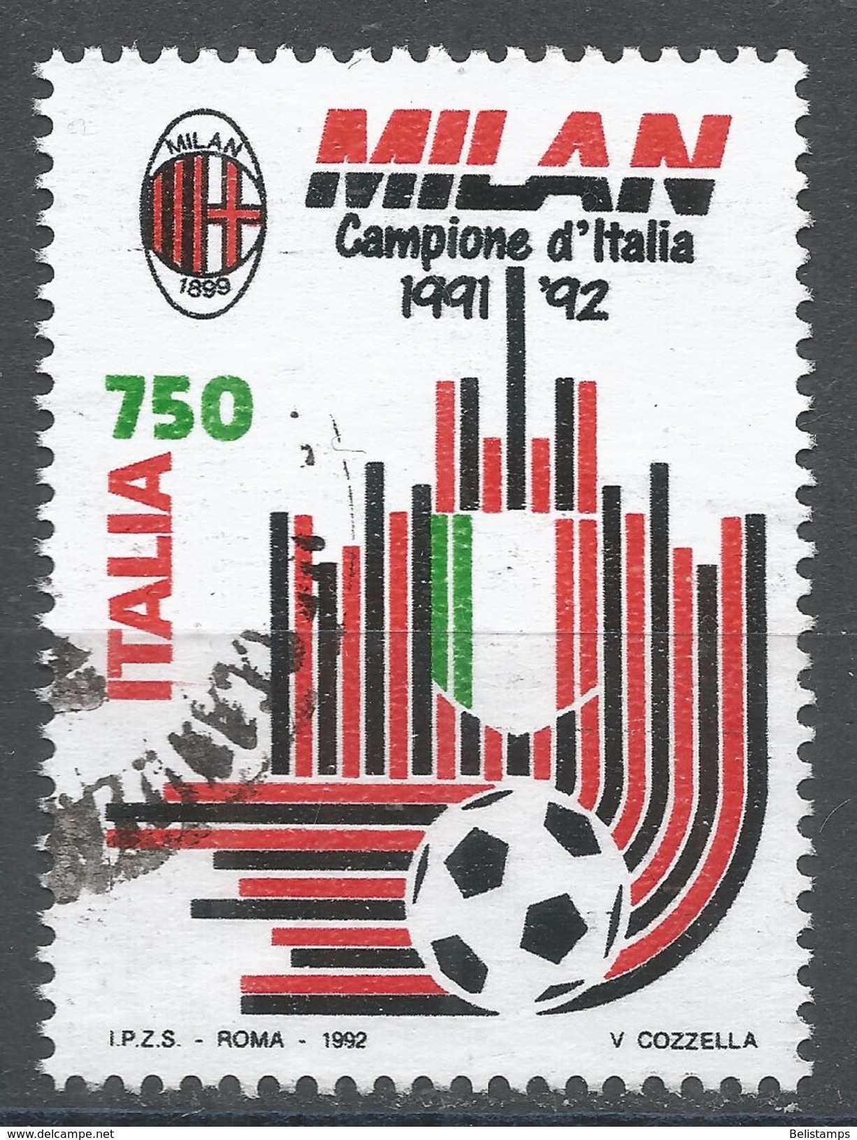 Italy 1992. Scott #1891 (U) Milan, Italian Soccer Champions ** Complete Issue - 1991-00: Oblitérés