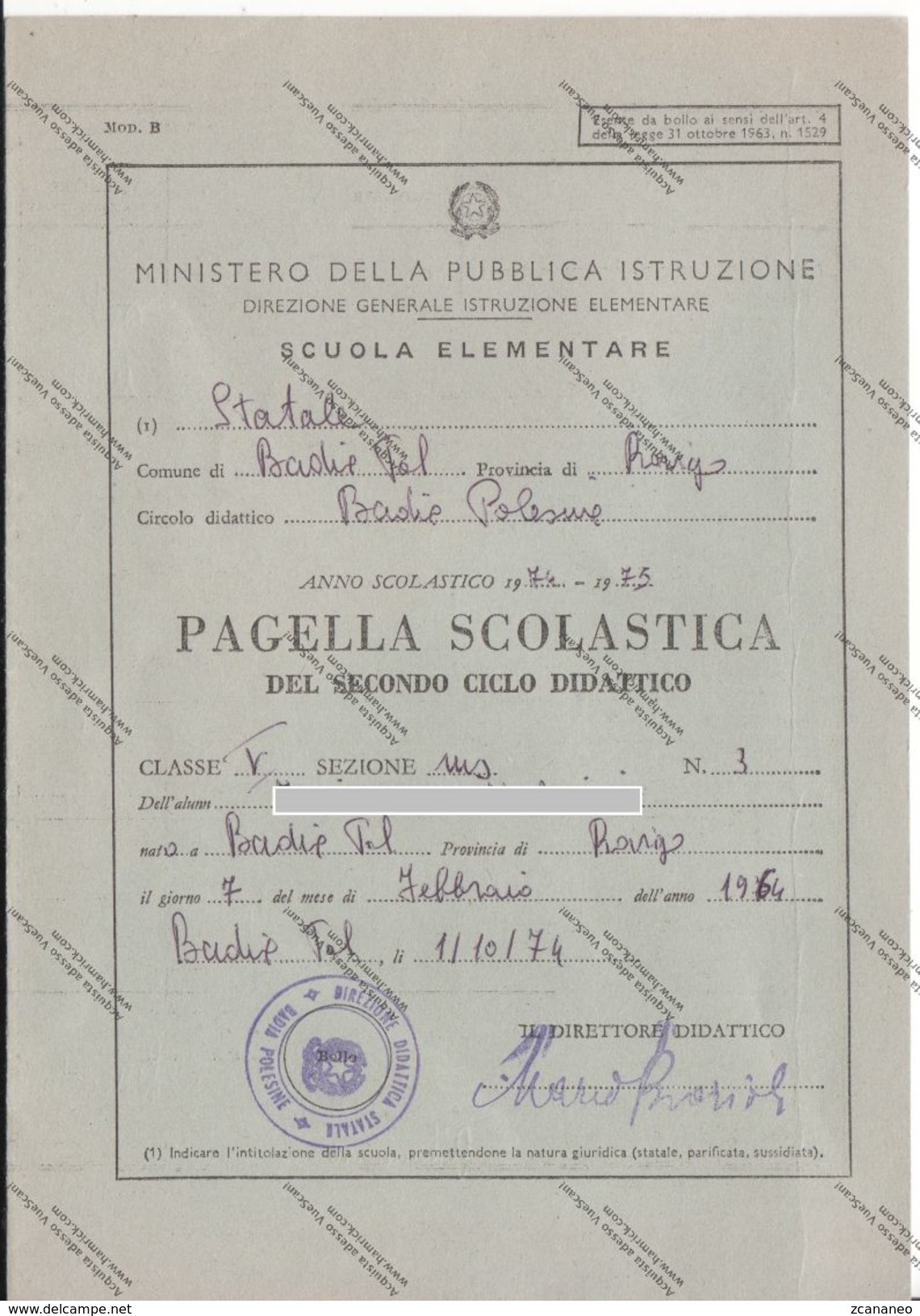 PAGELLA SCOLASTICA DEL 1974 DI BADIA POLESINE ROVIGO - - Documentos Históricos