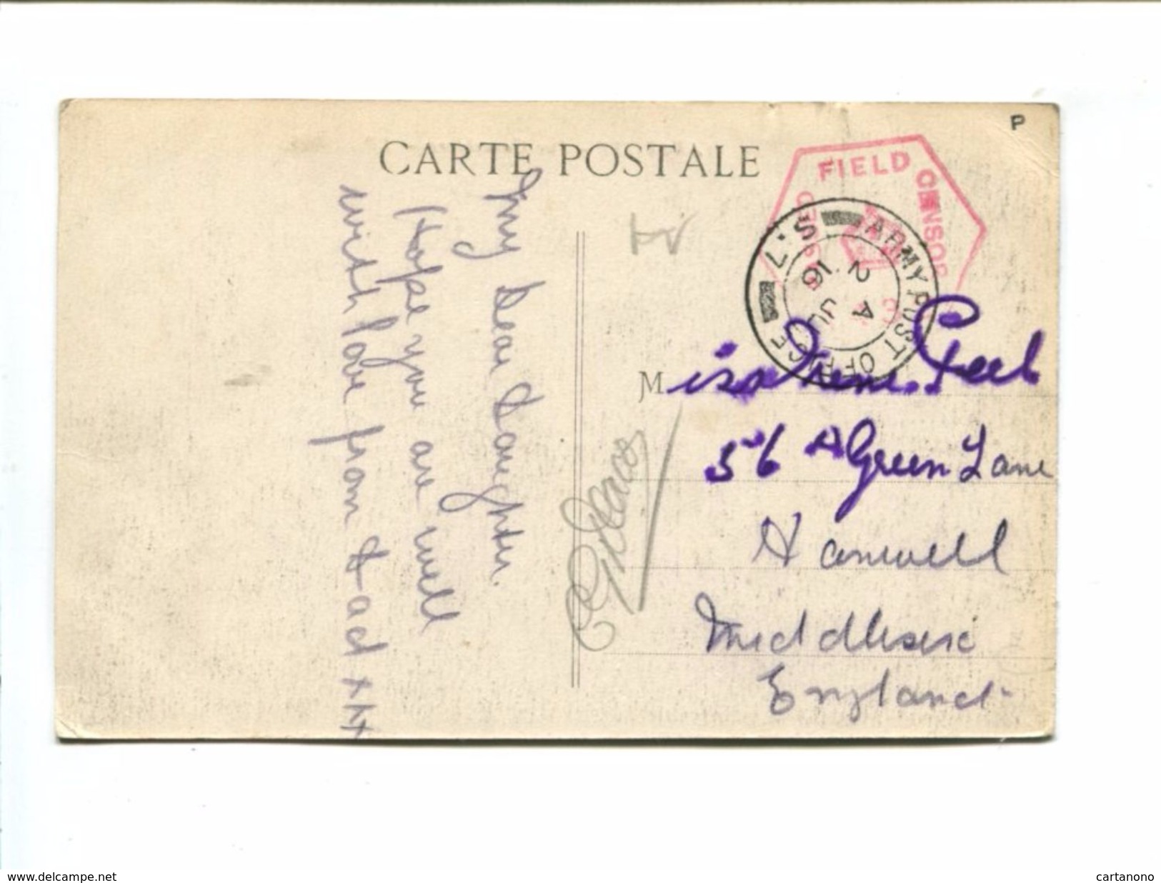 Cp - Guerre 14/18 - Carte En Franchise Avec Marque De Censure - Postmark Collection