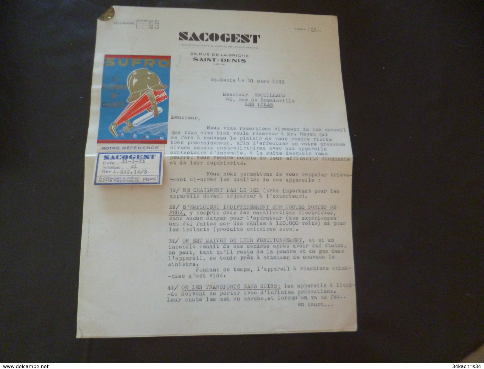 Facture Saint Denis 1933 Sacogest Extincteurs Illustrée Vignette Casque Pompier - Other & Unclassified