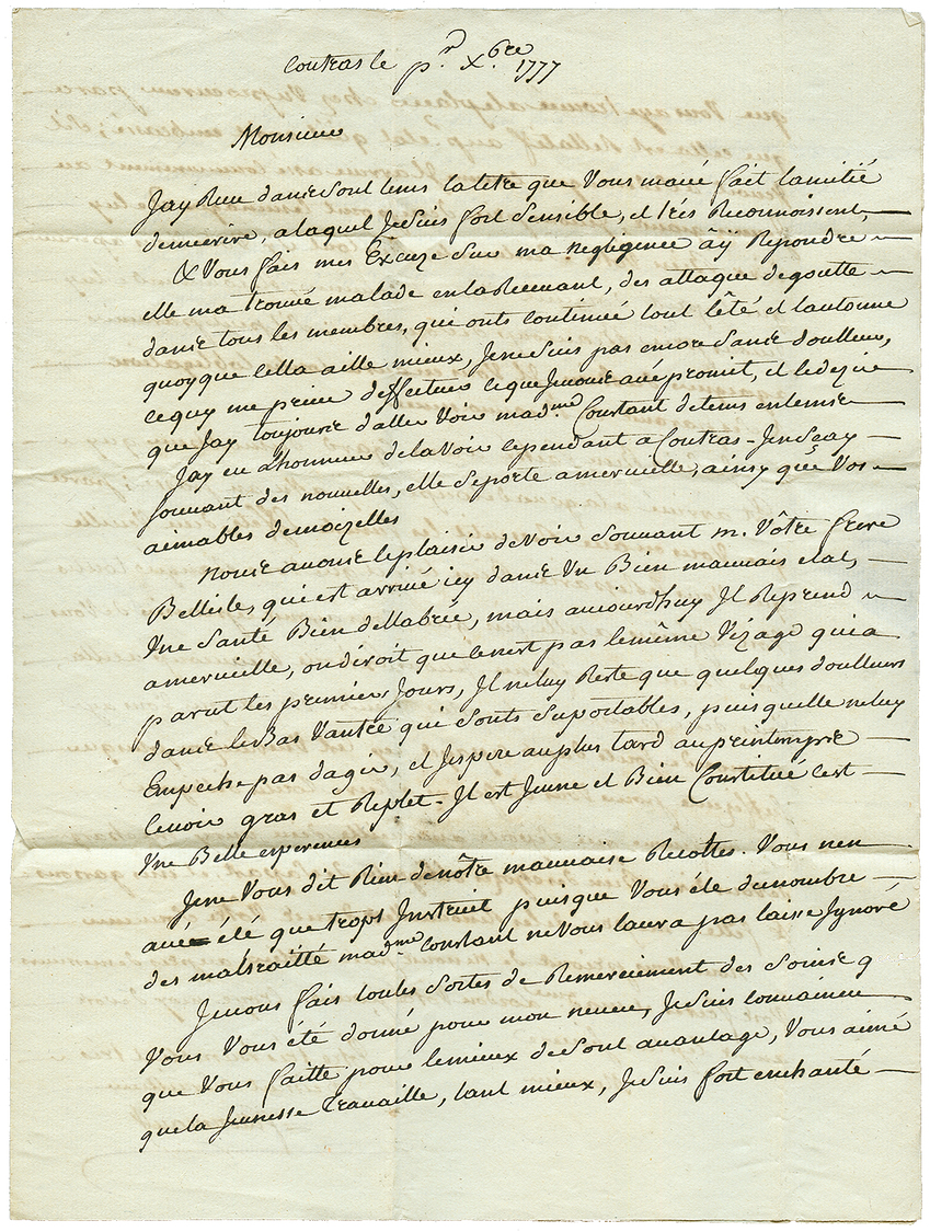 1777 Cachet Rarissime B.T (Lenain N°1 = Indice 7) + Marques Rouges De La PETITE POSTE De BORDEAUX Sur Lettre Avec Texte - Altri - America