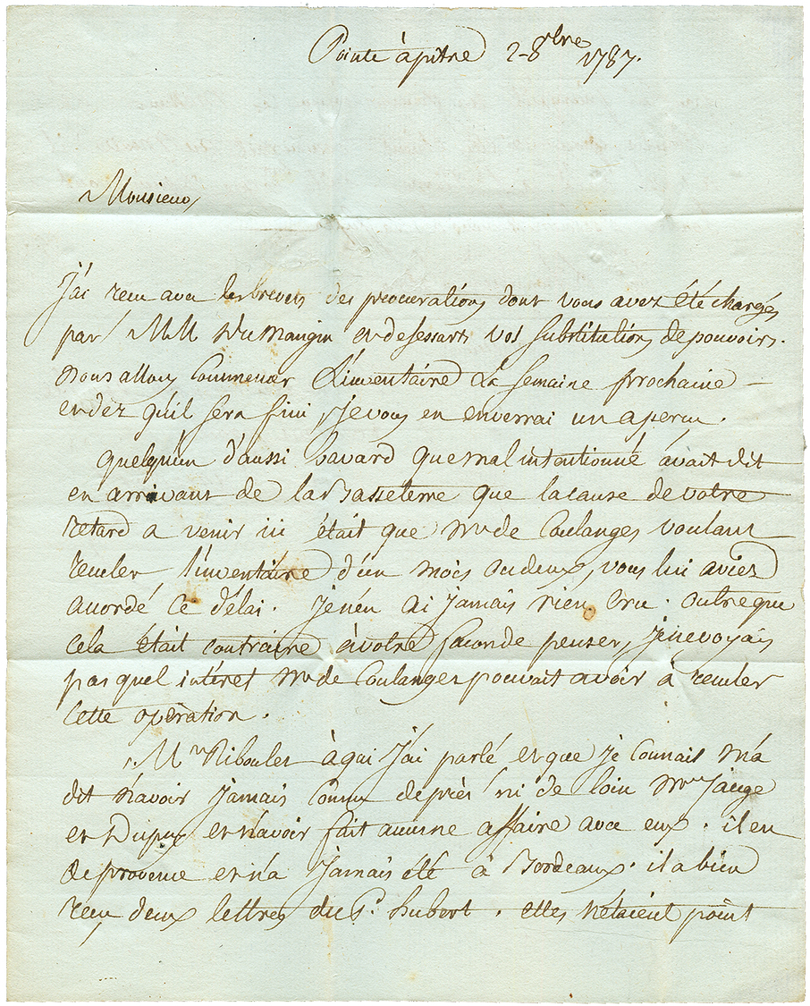 1787 Cachet Rarissime Pre à Pitre (Lenain N°3 = Indice 7) + "FRANC Dc/C" Manuscrit Sur Lettre Avec Texte De POINTE-A-PIT - Altri - America