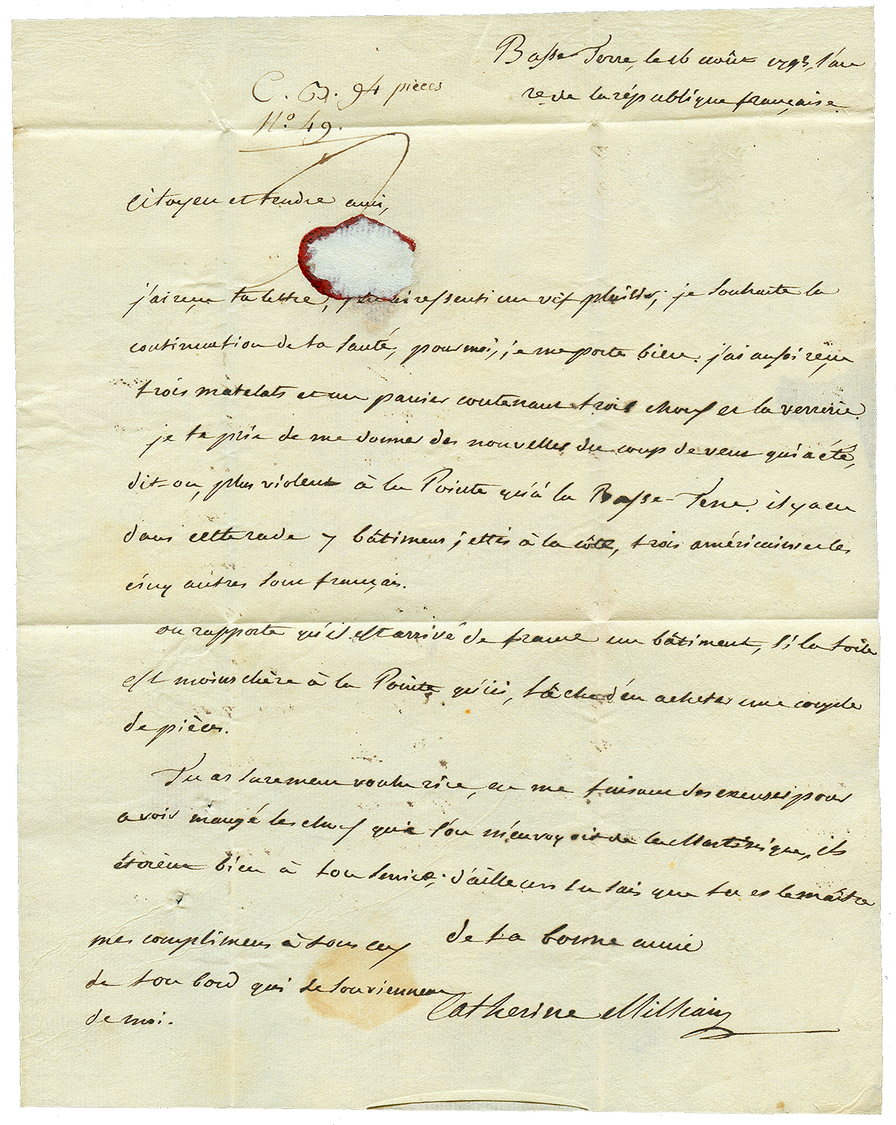 BASSE TERRE :  1793 "B-T" Manuscrit (Jamet N°3 = Indice 7)+ "15c" Manuscrit Sur Lettre Avec Texte Pour POINTE-A-PITRE. R - Altri - America