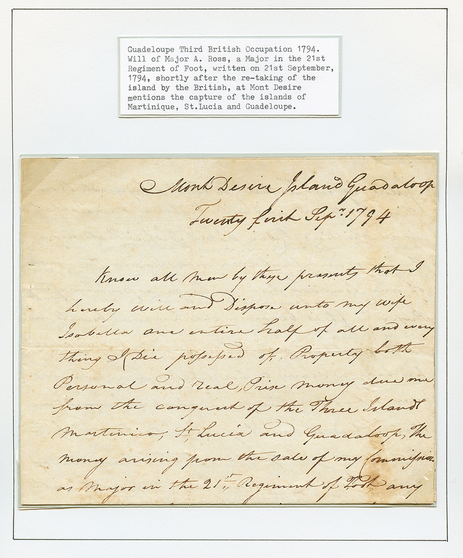 Occupation Anglaise : Lettre(texte Seulement) Daté MONT DESIRE ISLAND GUADALOUPE 21 Sep 1794 écrite Par Le Major ROSS. T - Altri - America