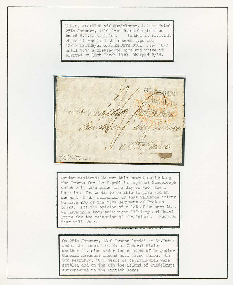 3éme OCCUPATION ANGLAISE : 1810 GLASGOW + SHIP LETTER PLYMOUTH Rouge Sur Lettre Avec Texte Daté "H.M.S ALCININE Off GUAD - Altri - America