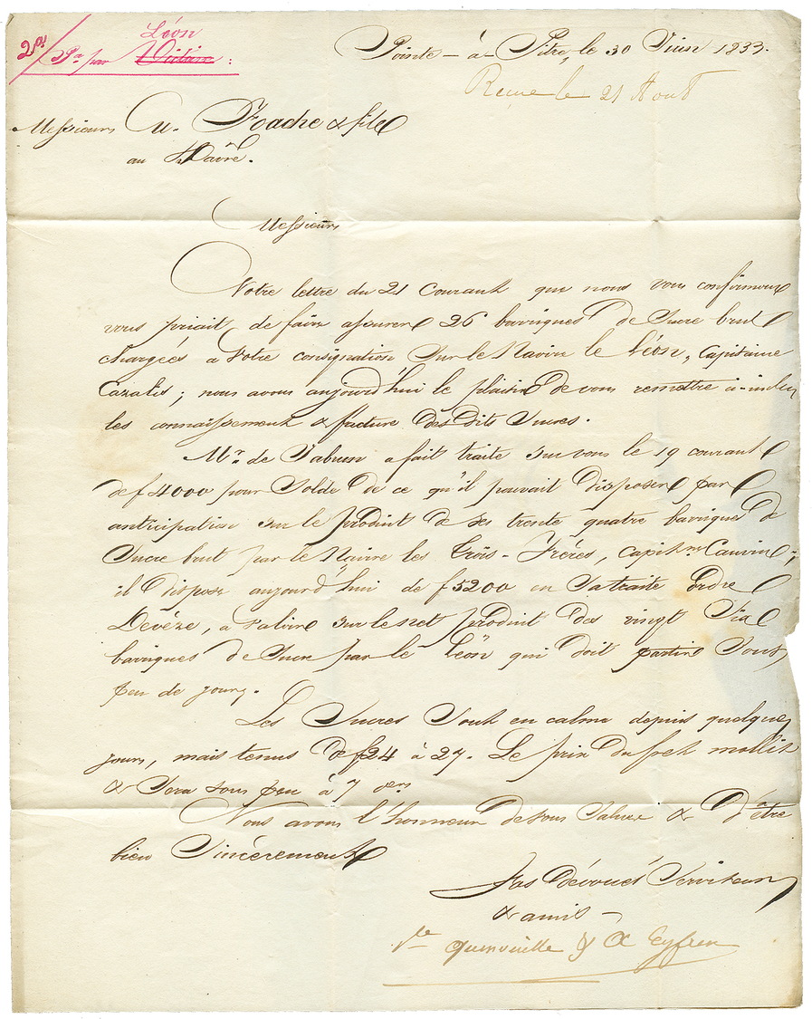 1833 Cachet Rare PAQUEBOT LA VICTOIRE/HAVRE ET GUADELOUPE Sur Lettre(entaille De PURIFICATION) De POINTE A PITRE Pour LE - Altri - America