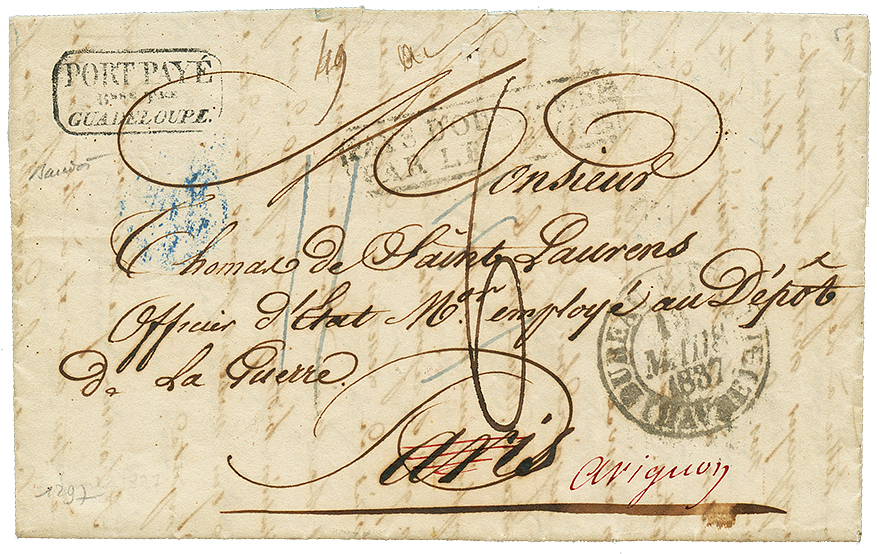 BASSE TERRE : 1837 PORT PAYE/Bsse Tre/GUADELOUPE Encadré (Lenain 8) Sur Lettre Pour PARIS. TB. - Altri - America