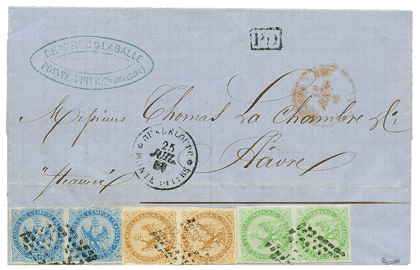 1868 AIGLE Paire 5c + Paire 10c + Paire 20c Obl. Losange De Pts + GUADELOUPE POINTE-A-PITRE  Sur Lettre Pour La FRANCE. - Altri - America