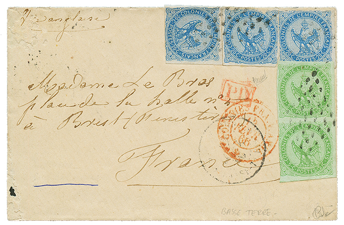 1866 AIGLE Paire 5c + 20c(x3) Obl. Losange De Pts De BASSE-TERRE Sur Enveloppe Pour La FRANCE. TB. - Altri - America