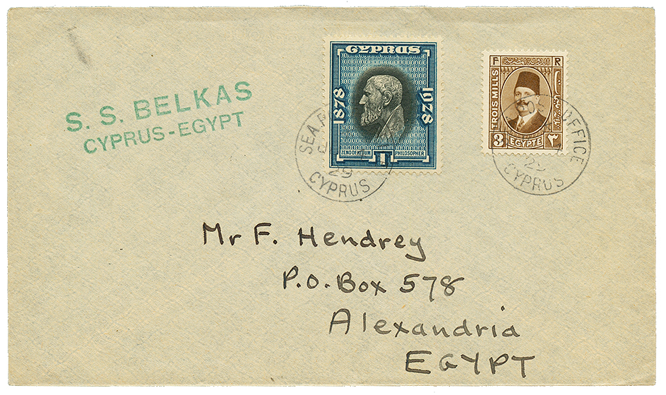 MARITIME : 1929 CYPRUS + EGYPT 3m Canc. SEA POST OFFICE CYPRUS + S.S BELKAS On Cover To EGYPT. Vvf. - Cipro (...-1960)
