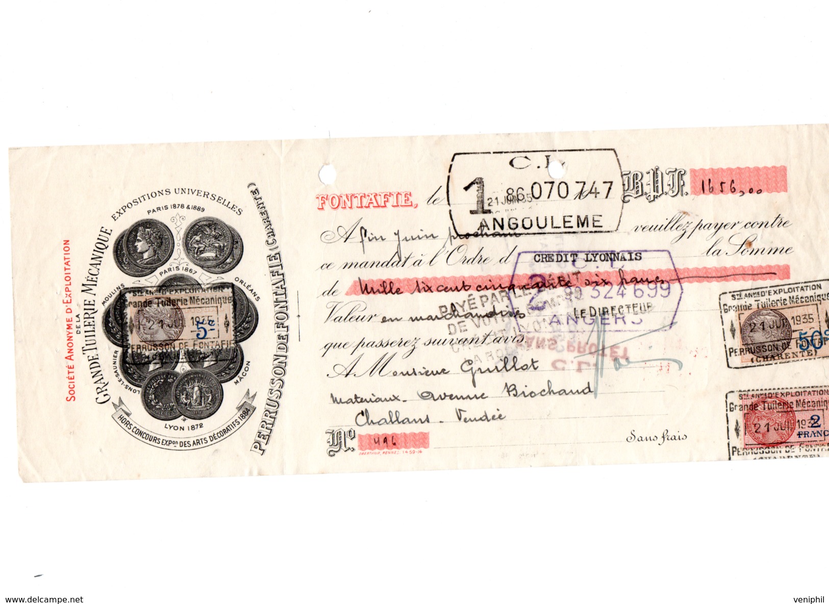 LETTRE DE CHANGE - GRANDE TUILERIE MECANIQUE  PERRUSSON DE FONTAFIE  CHARENTE -ANNEE 1935 - Bills Of Exchange