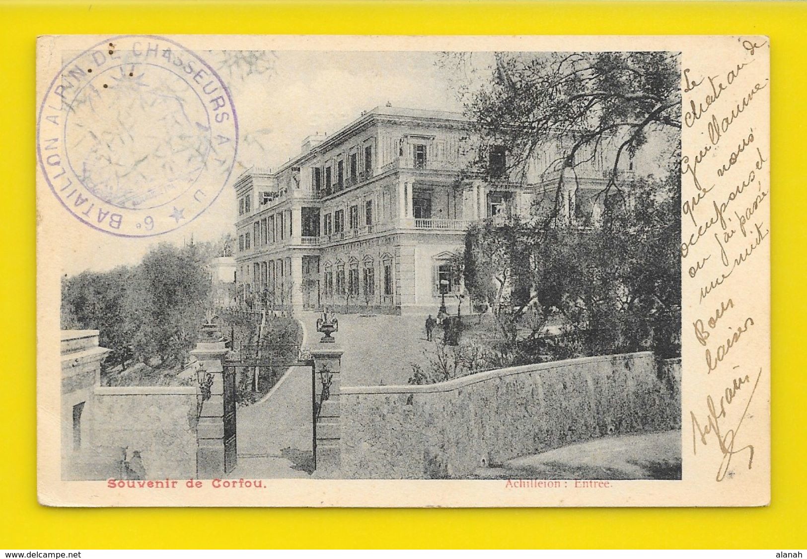 CORFOU Souvenir Entrée Achilleion () Cachet 6° Bataillon Alpin De Chasseurs Grèce - Grecia