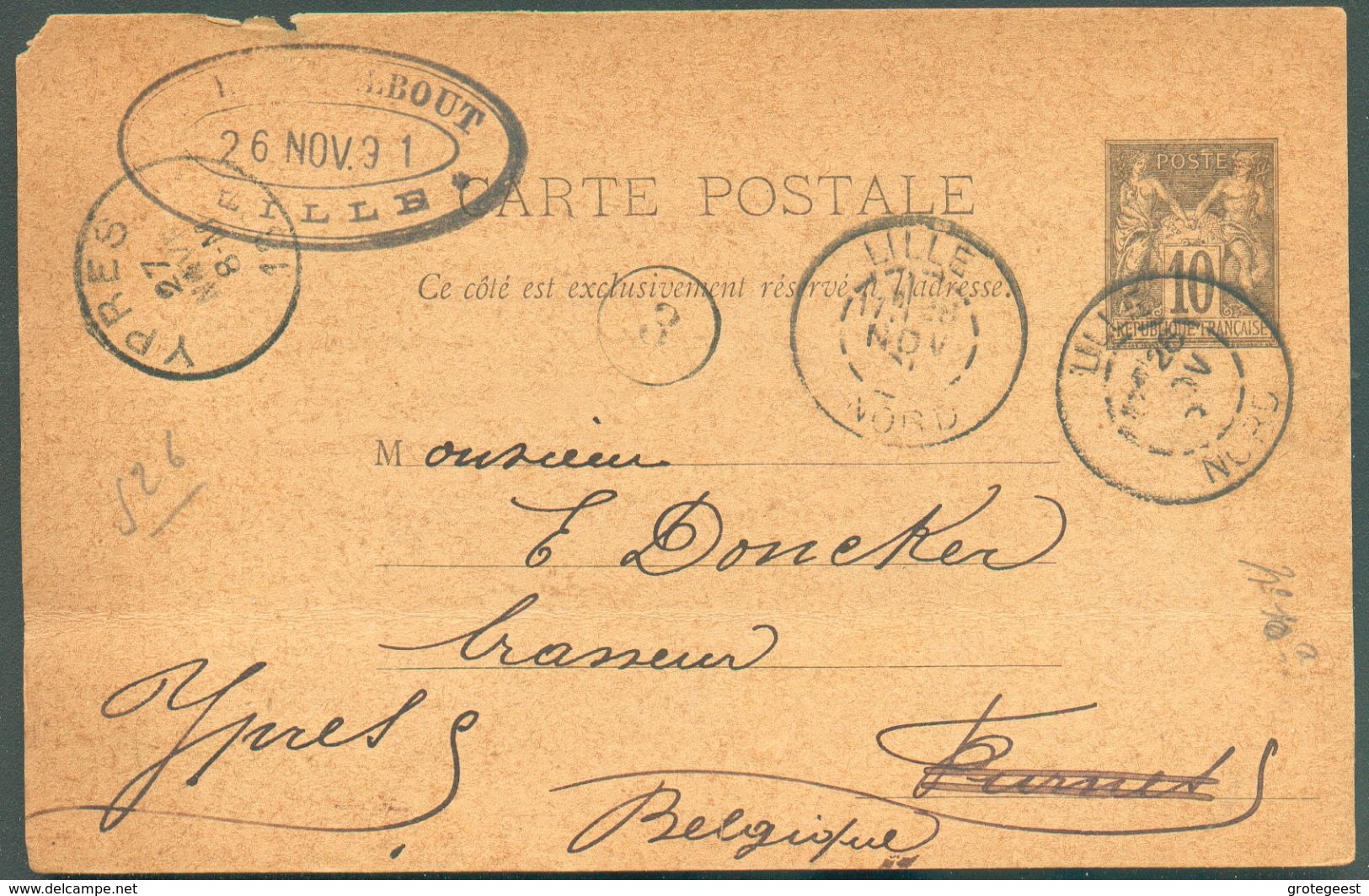 FRANCE EP Carte 10c. SAGE Obl. Dc LILLE 26 Novembre 189 Au Brasseur DONCKER à YPRES - 12163 - Birre