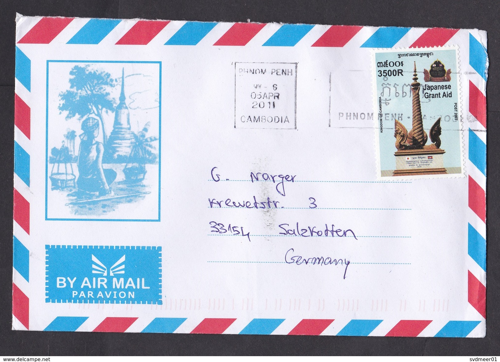 Cambodia: Airmail Cover To Germany, 2011, 1 Stamp, Japanese Grant Aid, Monument (minor Damage, See Scan) - Cambodja