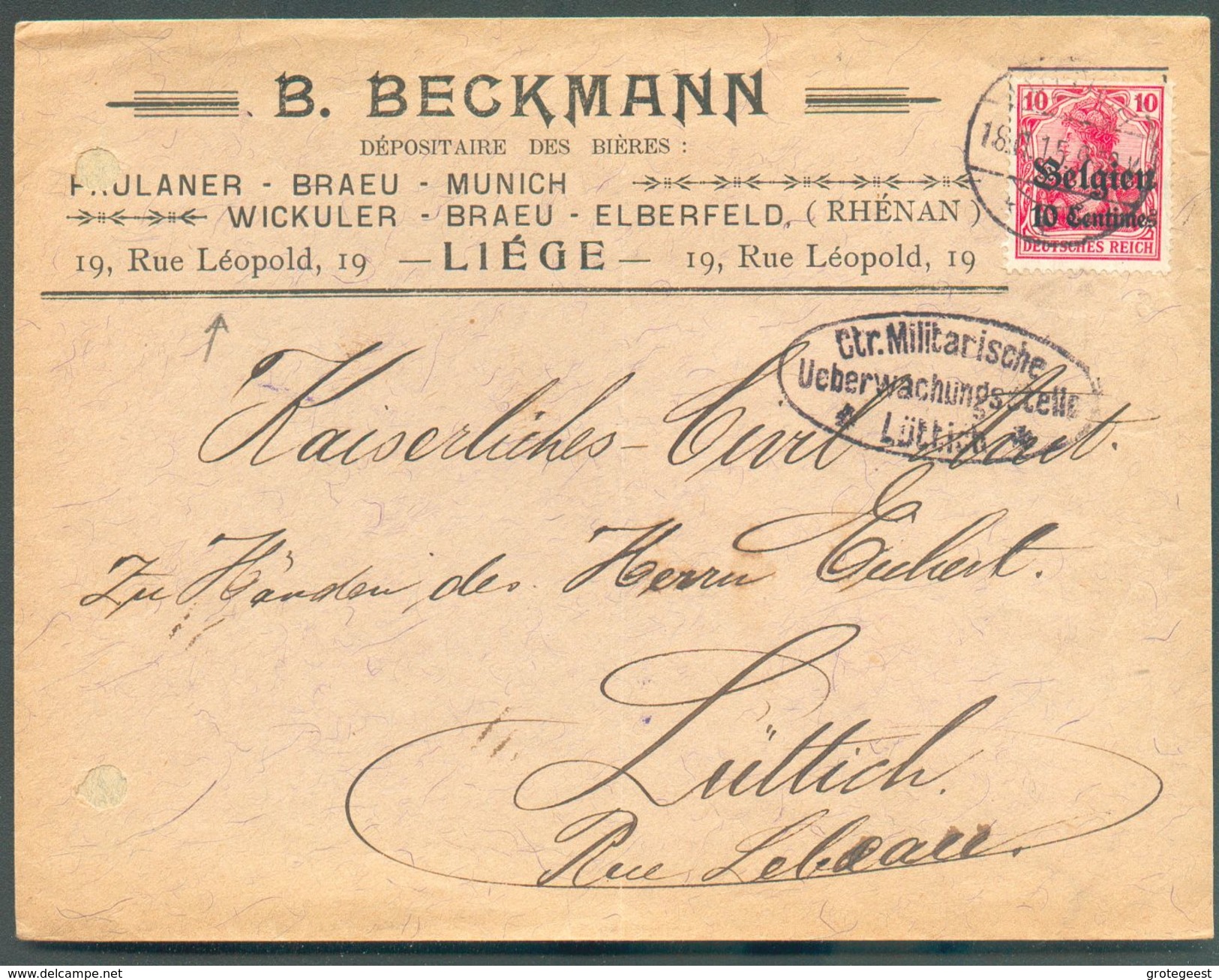 BELGIQUE 10 Centimes Sur 10pfg, Obl. Dc LIEGE Sur Enveloppe à En-tête BECKMANN Dépositaire De Bières Allemande (BRAEU MU - Beers