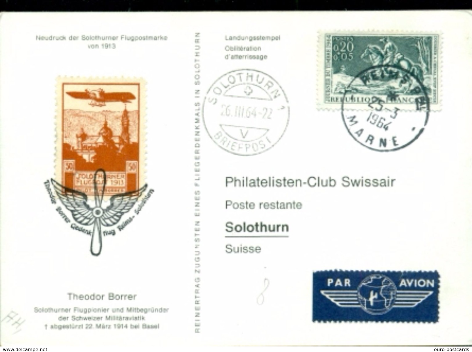 Erste Flüge-Primi Voli-First Flights-Spezielle Fluge-AEREI-Postmark-SOLOTHURN-THEODOR BORRER-MONOPLAN HANRIOT- - Storia Postale